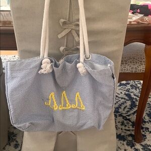 Blue and white seersucker tote